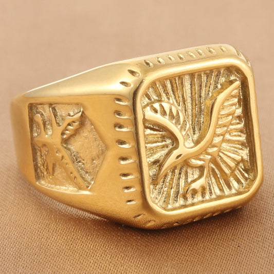 Men's Titanium Steel Eagle Ring | Polished Punk Band Ring in Silver & Gold