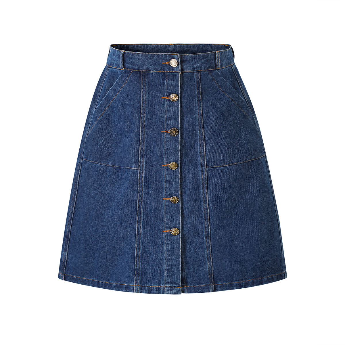 Women's Dark Blue Denim Skirt | Single-Breasted with Pockets