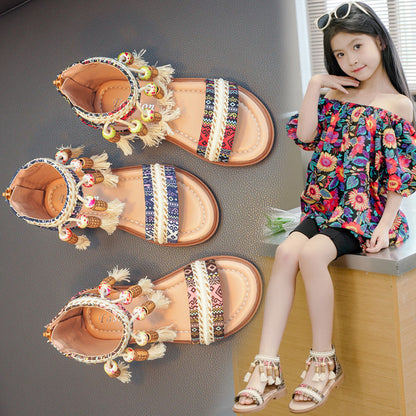 Girls' Retro Beaded Roman Sandals – Ethnic Style Kids Sandals