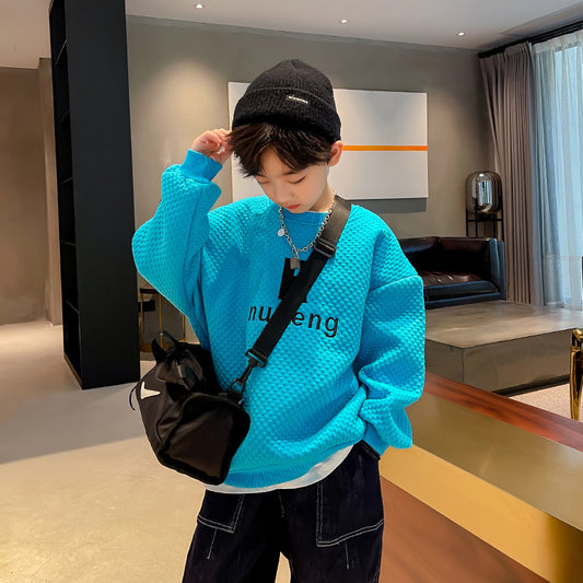 Boys Letter Print Waffle Pullover Sweatshirt | Long Sleeve Kids Top