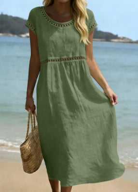 Women's Cotton-Linen A-Line Dress with Embroidered Lace Trim