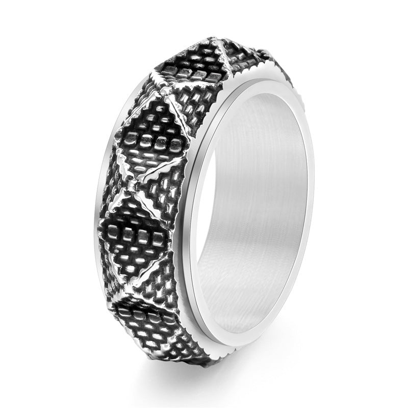 Men's Titanium Steel Pyramid Ring – Retro Geometric Silver, Gold & Black Band