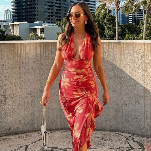 Women's Floral Bodycon Wrap Chest Patchwork Dress | Red