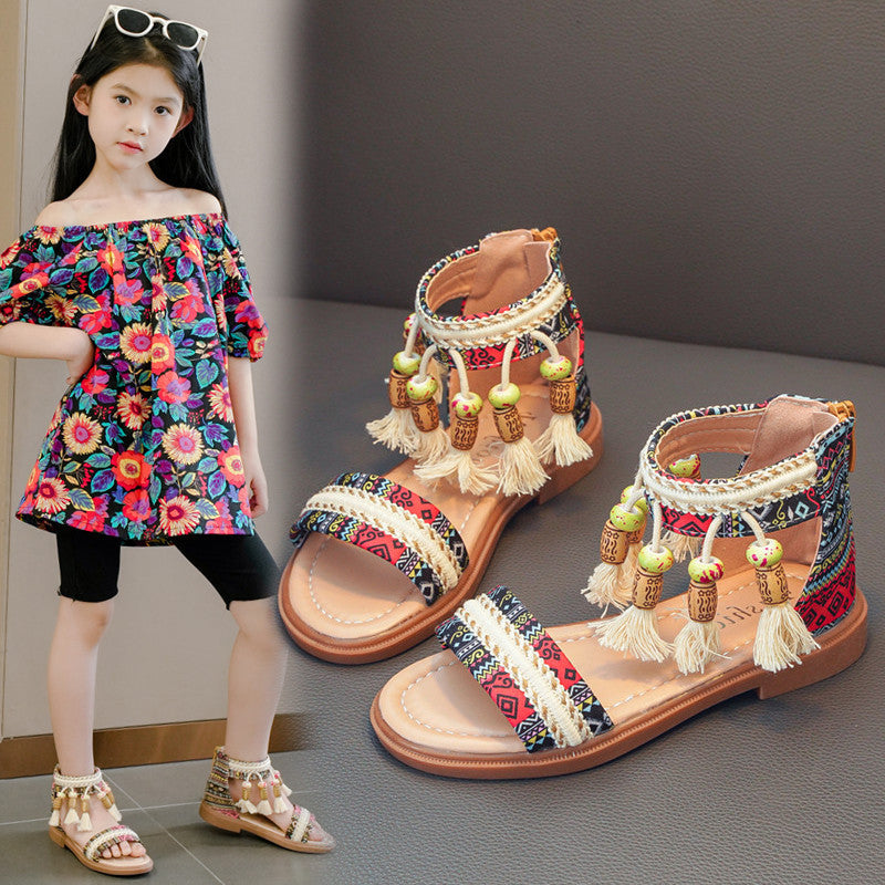 Girls' Retro Beaded Roman Sandals – Ethnic Style Kids Sandals