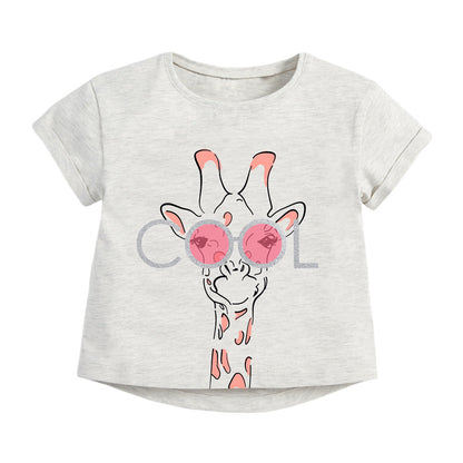 Girls Animal Print Cotton T-Shirt – Round Neck Short Sleeve Top