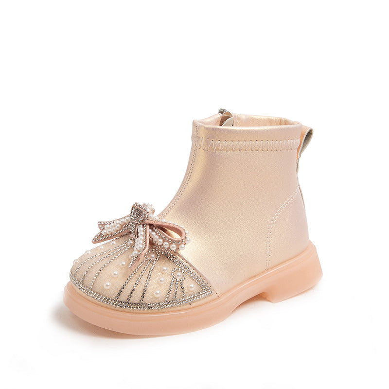 Girls' Rhinestone Ankle Boots – Soft Sole & Side Zip