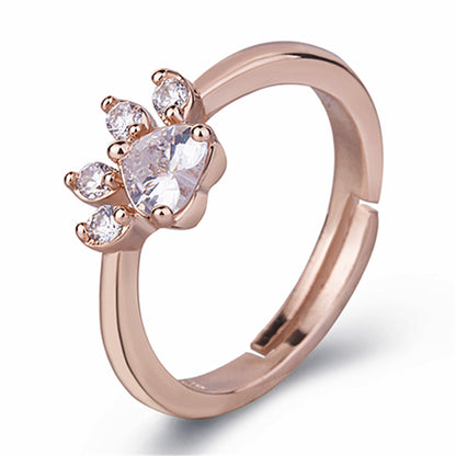 Cat Motif Crystal Adjustable Ring | Copper Open-End Ring in Rose Gold & White Gold