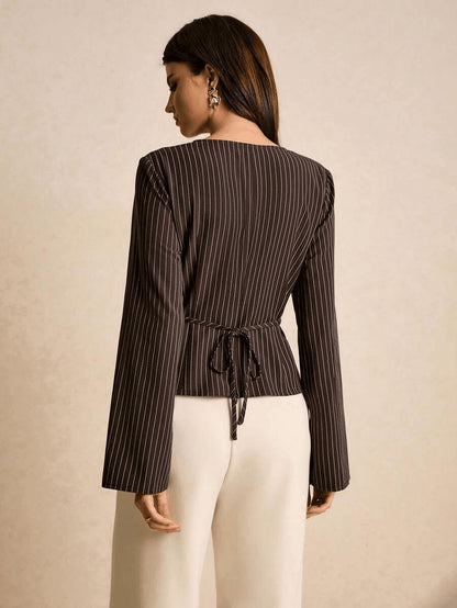 Women's Elegant Striped Stand Collar Shirt | V-Neck Metallic Accent Commuter Blouse