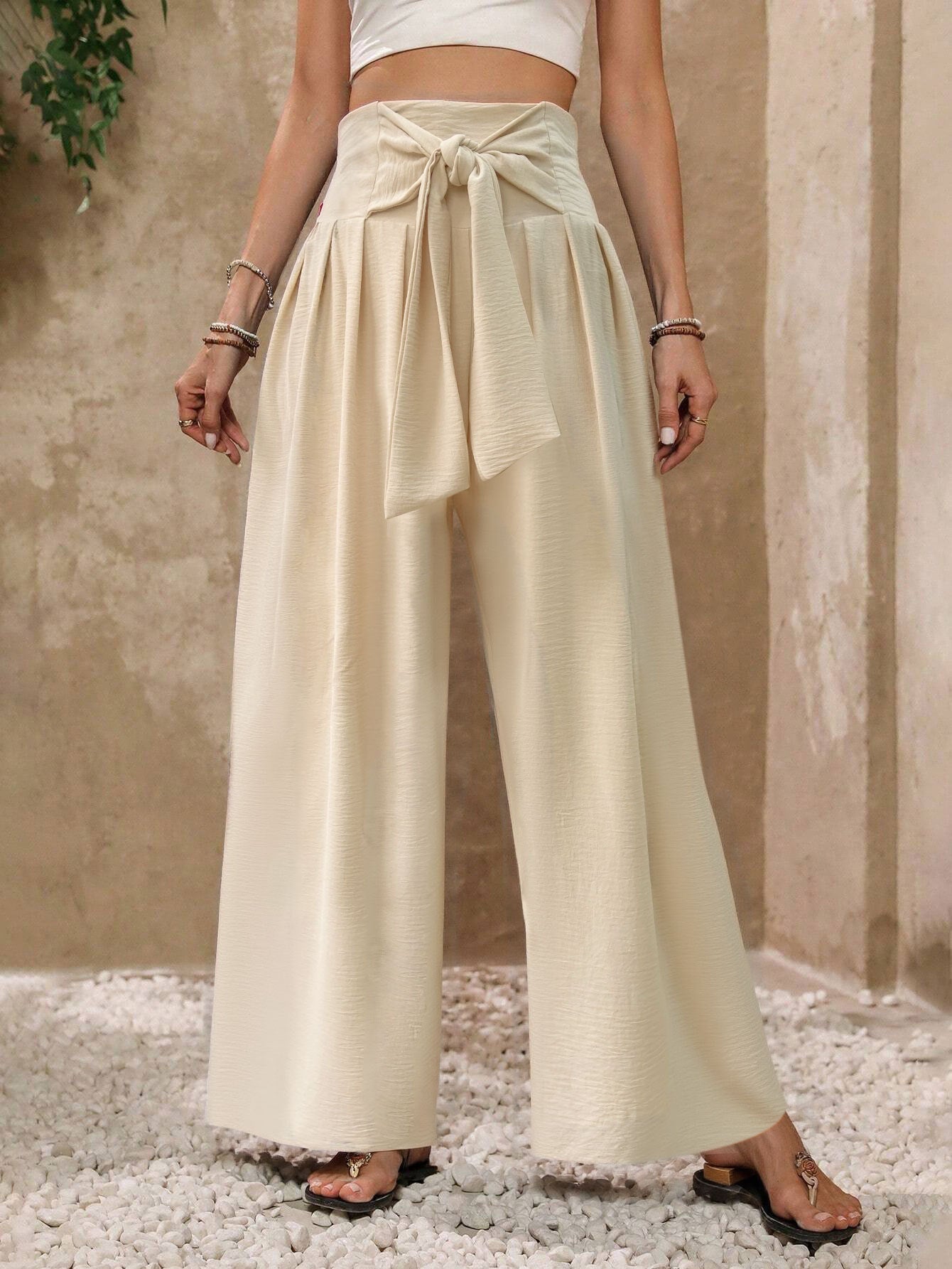 Women's Apricot High-Waist Tie-Front Wide-Leg Trousers | S-XL