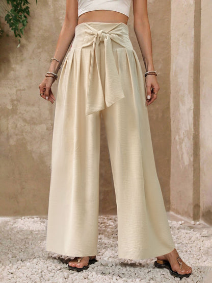Women's Apricot High-Waist Tie-Front Wide-Leg Trousers | S-XL