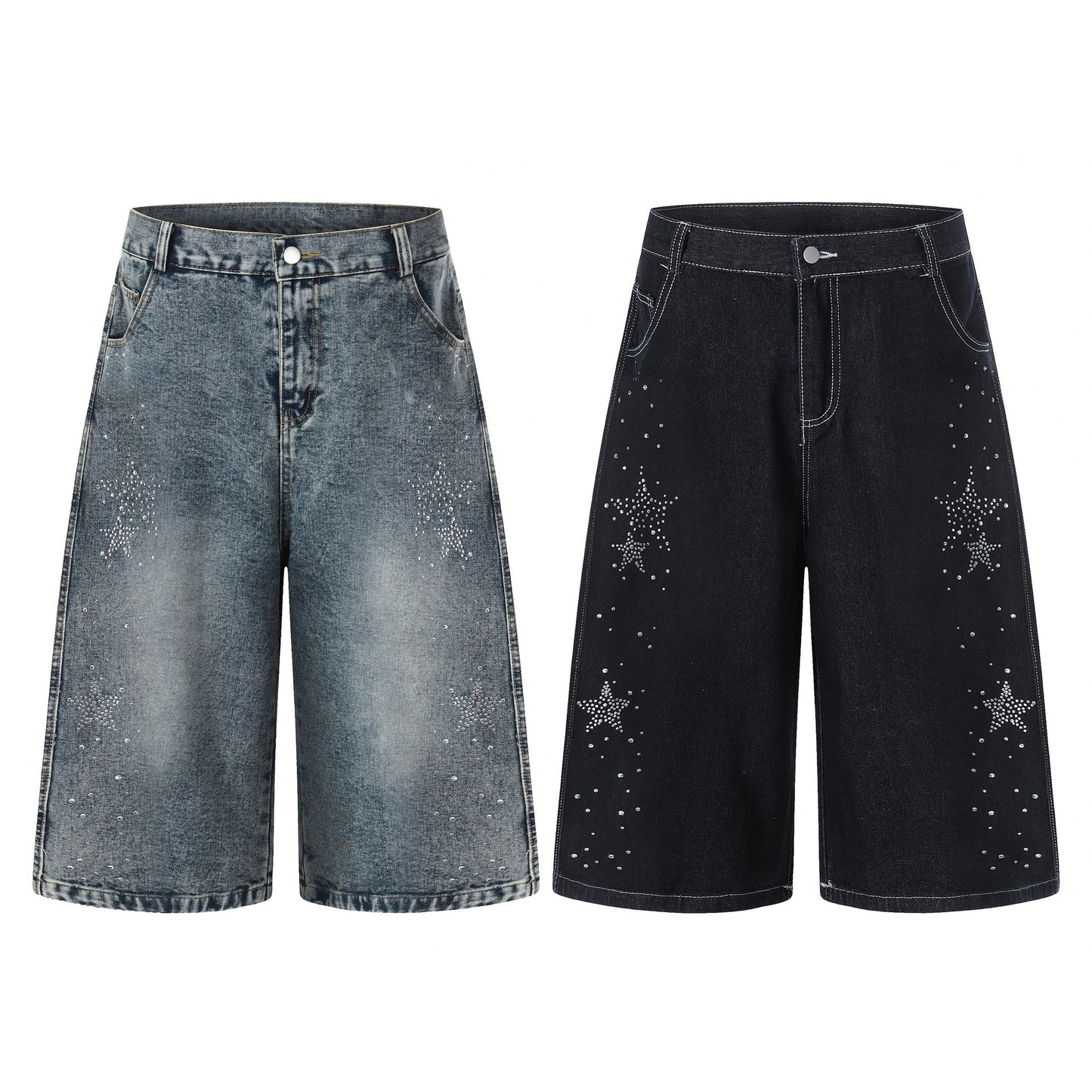 Women's Rhinestone Star Wide-Leg Cropped Jeans - Vintage Loose Fit