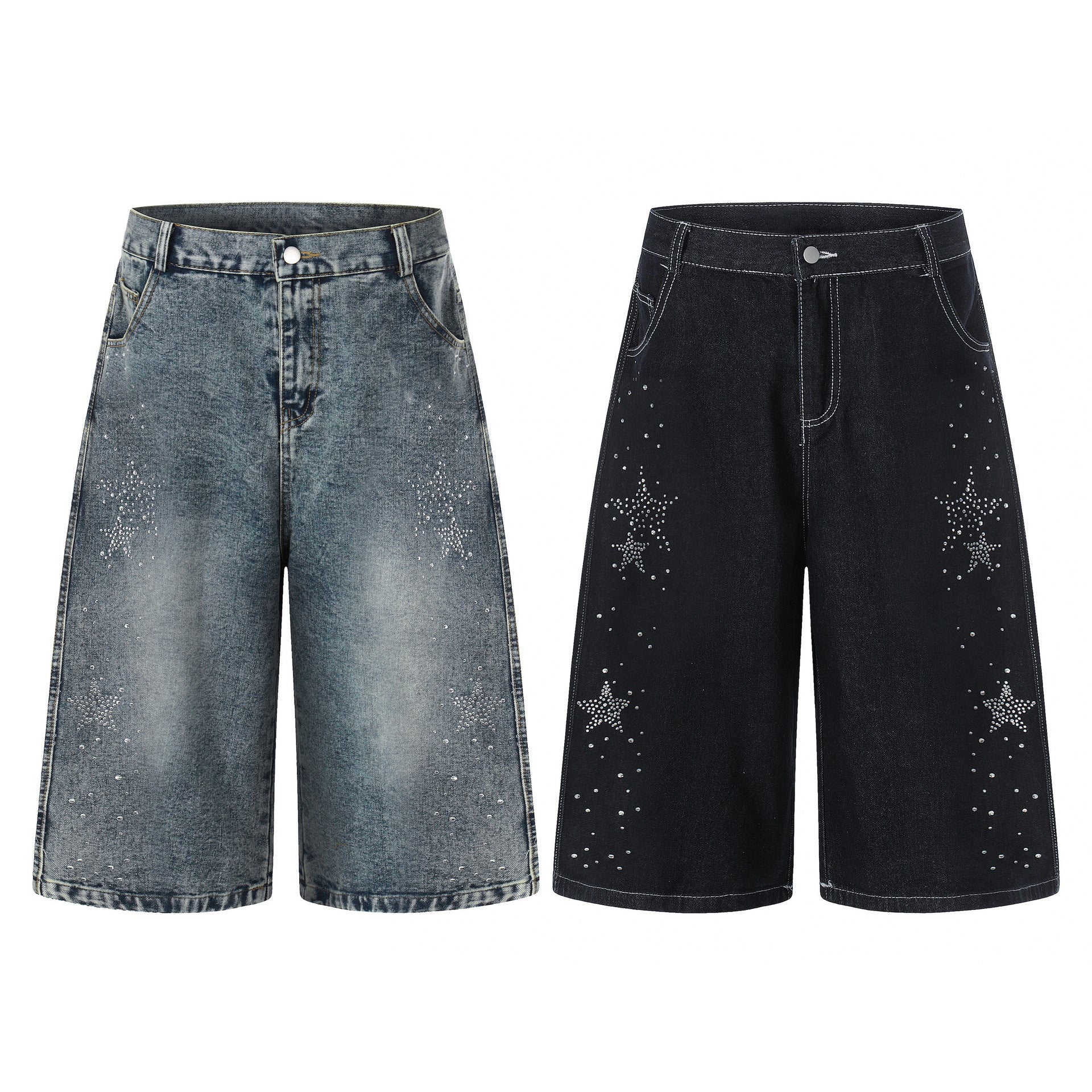 Women's Rhinestone Star Wide-Leg Cropped Jeans - Vintage Loose Fit