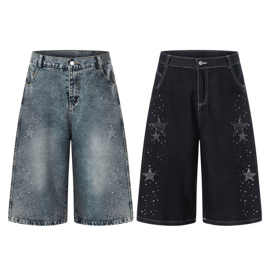Women's Rhinestone Star Wide-Leg Cropped Jeans - Vintage Loose Fit