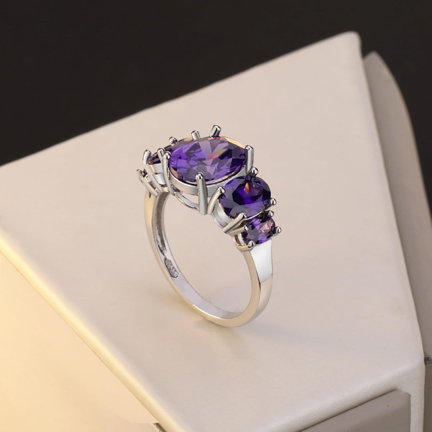 Oval Crystal Stone Ring | Platinum-Plated Coloured Gemstone Ring for Women