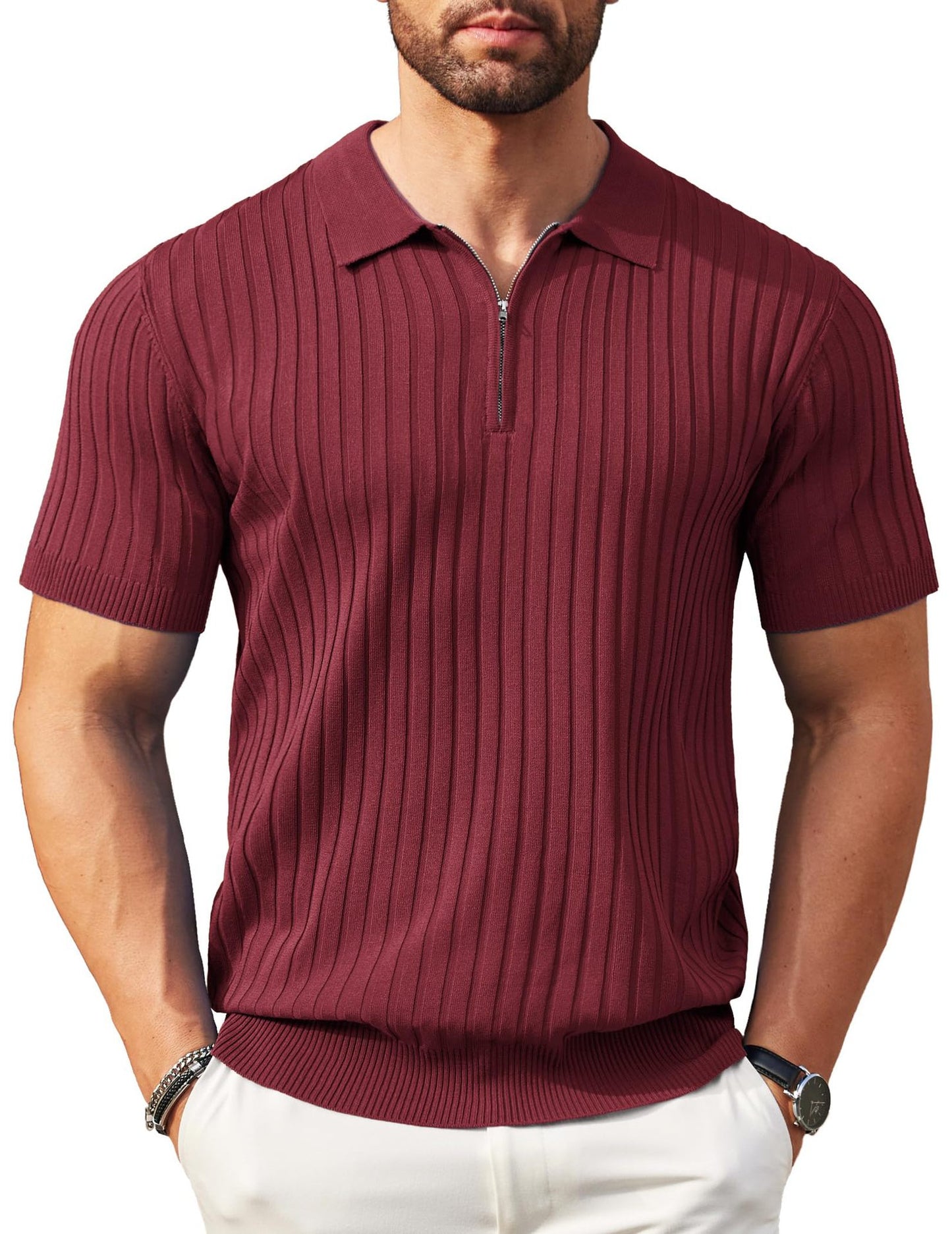 Men's Zip-Up Rib-Knit Polo Shirt | Slim Fit | S–5XL