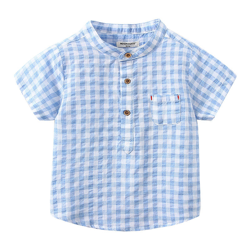 Boys' Cotton Plaid Short Sleeve Shirt | Blue & Grey Check