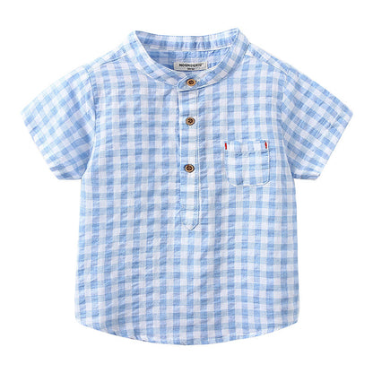 Boys' Cotton Plaid Short Sleeve Shirt | Blue & Grey Check