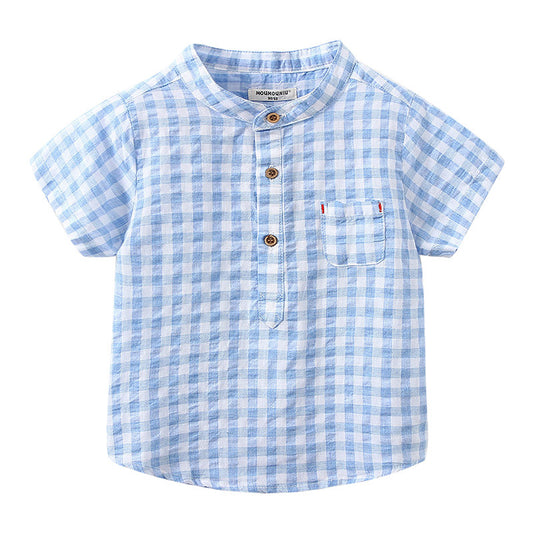 Boys' Cotton Plaid Short Sleeve Shirt | Blue & Grey Check