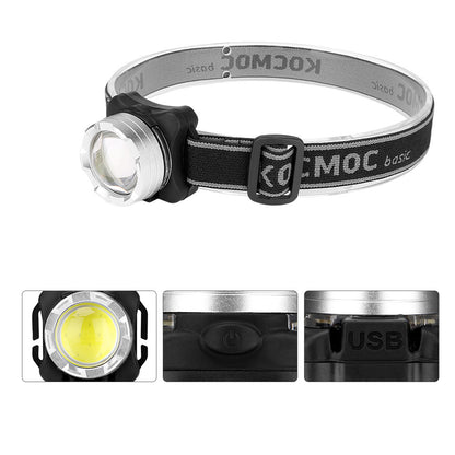 USB Rechargeable COB LED Headlamp – White & Red Light Modes Adjustable Headband Silver & Black
