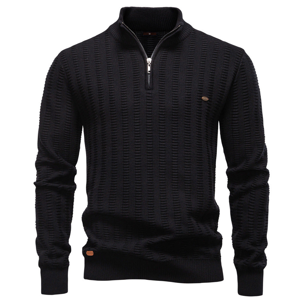 Men's Striped Jacquard Half-Zip Sweater | Stand Collar