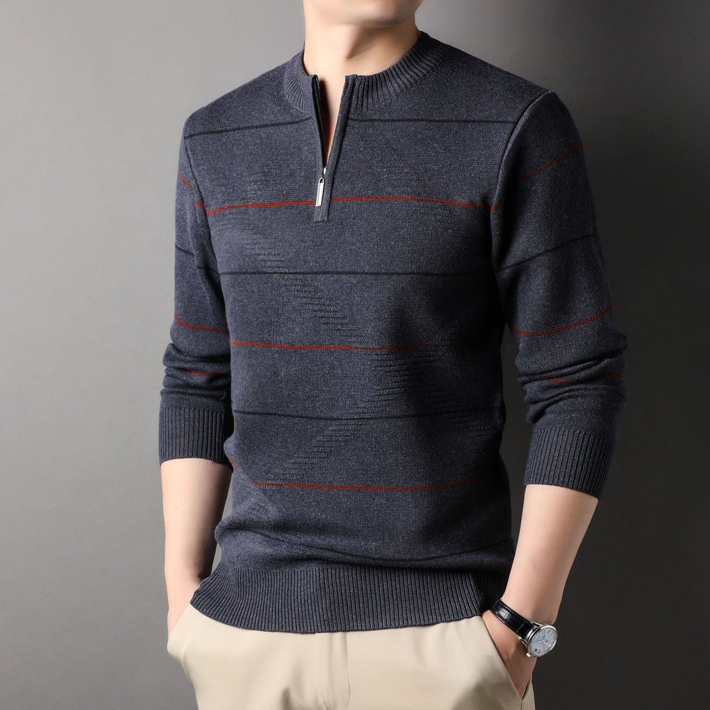 Men's Striped Mock Neck Zip Knit Sweater | Easy Care | JParker
