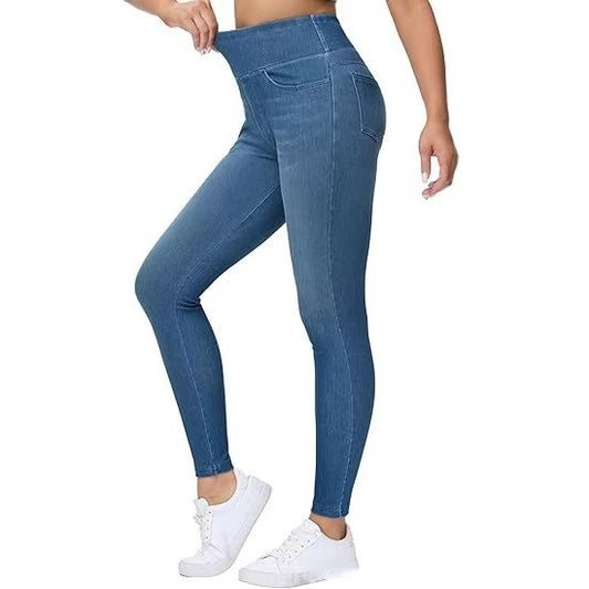 Women's High-Waist Faux Denim Slim Trousers - Elastic Waist, 3 Colours