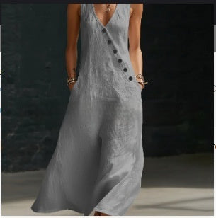 Women's Sleeveless Buttoned A-Line Linen Maxi Dress