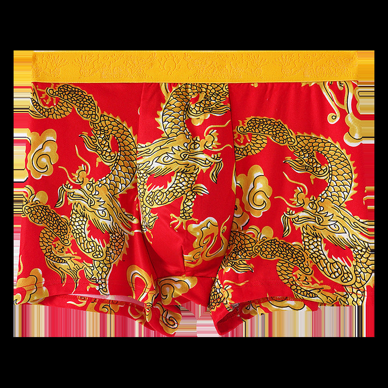 Men's Dragon Print Milk Silk Boxer Briefs – Quick-Dry Mid-Waist 4 Colours