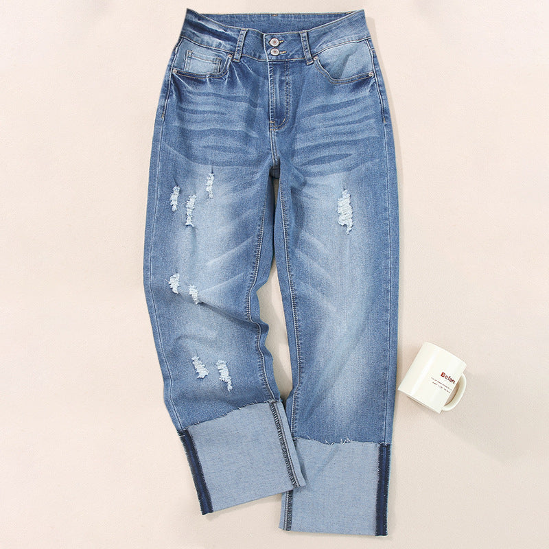 Women's High Waist Ripped Cropped Trousers
