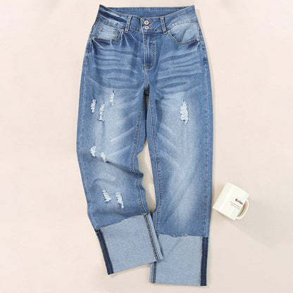 Women's High Waist Ripped Cropped Trousers