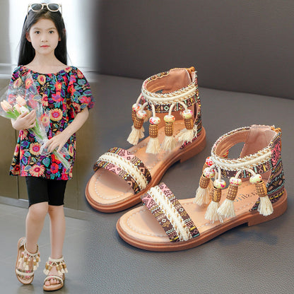 Girls' Retro Beaded Roman Sandals – Ethnic Style Kids Sandals