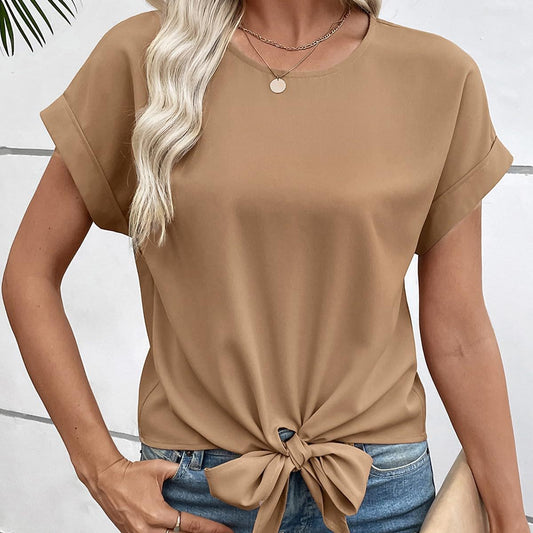 Women's Bow-Tied Hem Short-Sleeve Top | Round-Neck Pullover Shirt