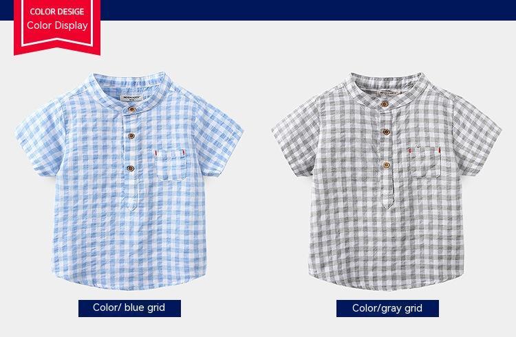 Boys' Cotton Plaid Short Sleeve Shirt | Blue & Grey Check