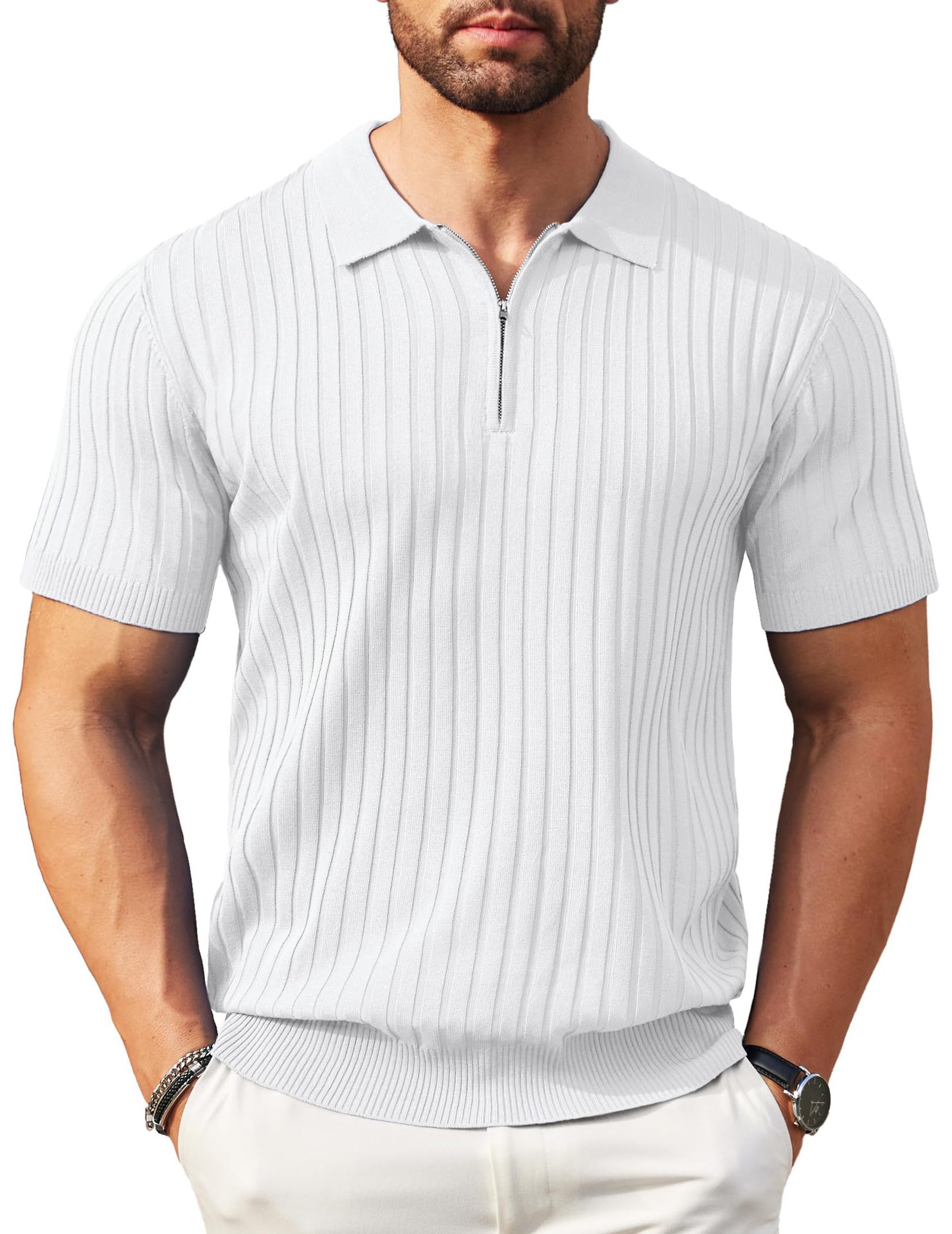 Men's Zip-Up Rib-Knit Polo Shirt | Slim Fit | S–5XL