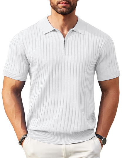 Men's Zip-Up Rib-Knit Polo Shirt | Slim Fit | S–5XL