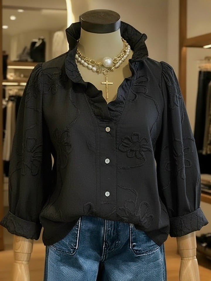 Lace-embroidered Cotton-linen Sweet Blouse
