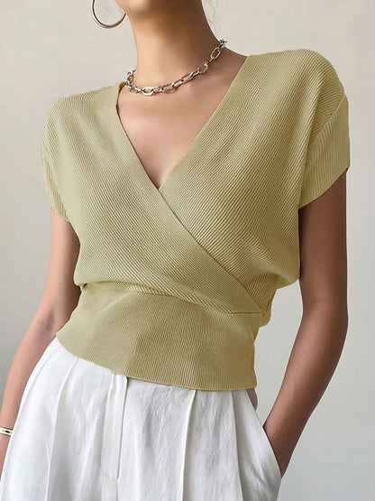 Women's V-Neck Knitted Top | Short-Sleeve High-Waisted Loose Fit Viscose Tee