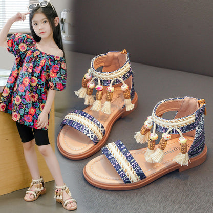 Girls' Retro Beaded Roman Sandals – Ethnic Style Kids Sandals