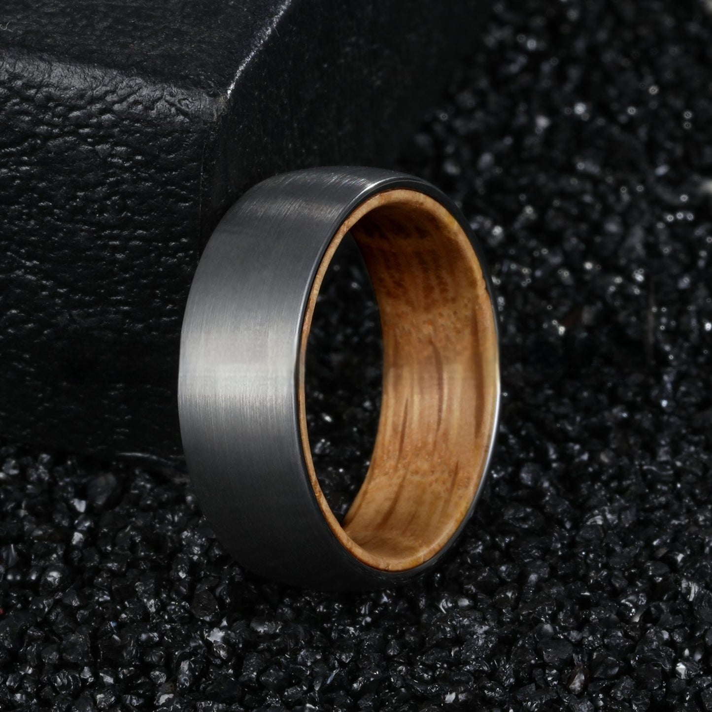 Men's Tungsten Steel Ring with Wood Inner Barrel – Silver Electroplated Band