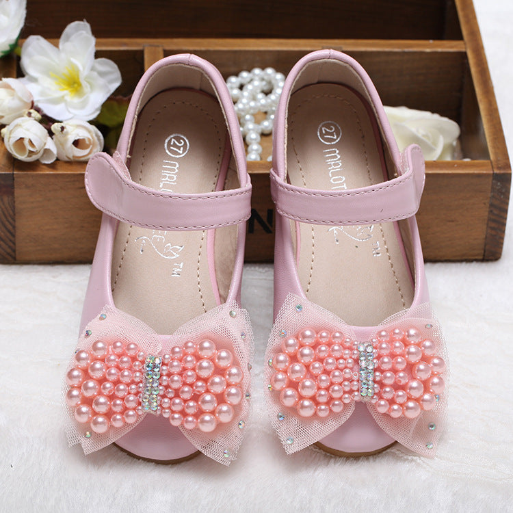 Girls' Pearl Bow Dress Shoes – PU Leather Velcro Flats