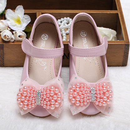 Girls' Pearl Bow Dress Shoes – PU Leather Velcro Flats