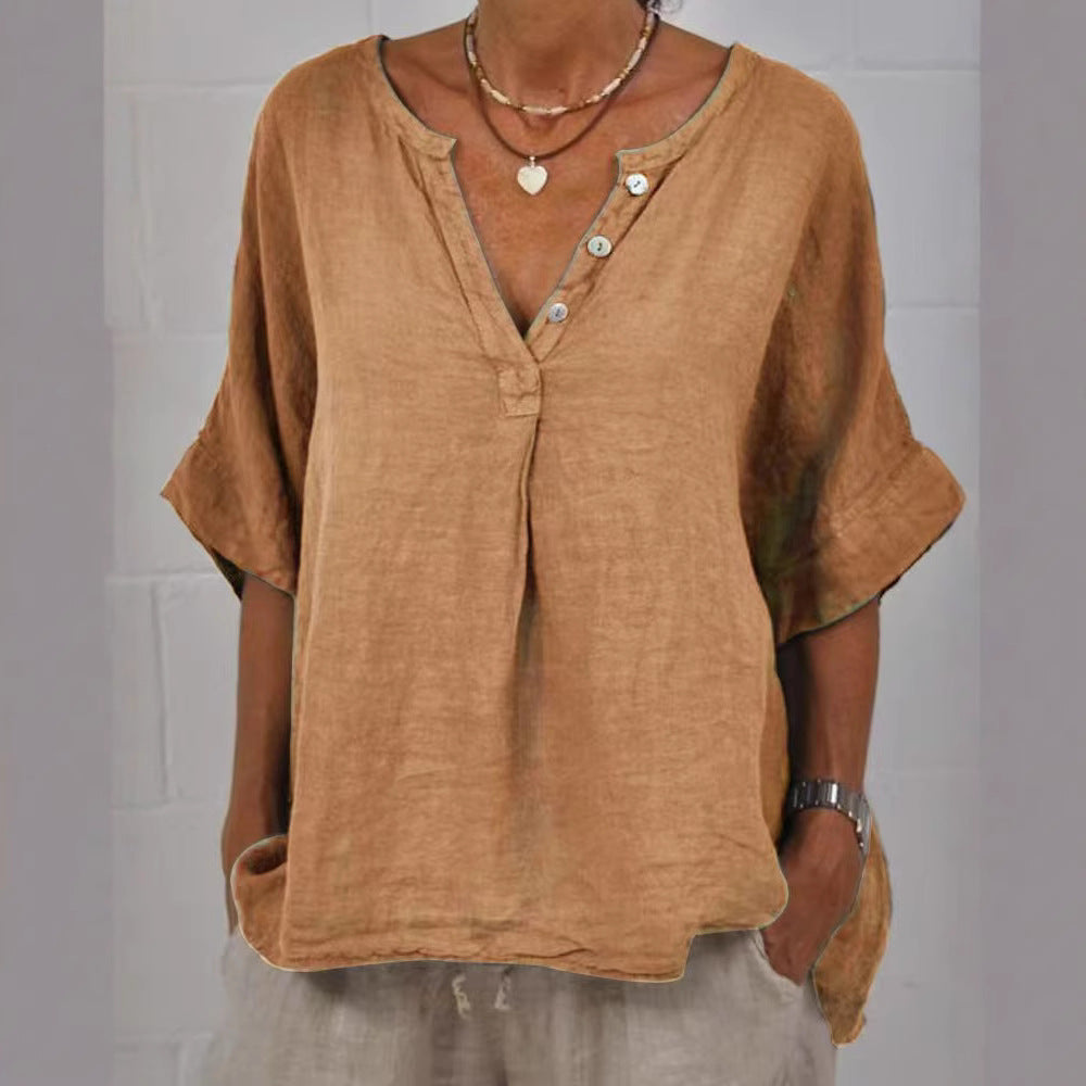 Women's Cotton-Linen V-Neck Button-Up Shirt | Relaxed Fit Casual Top