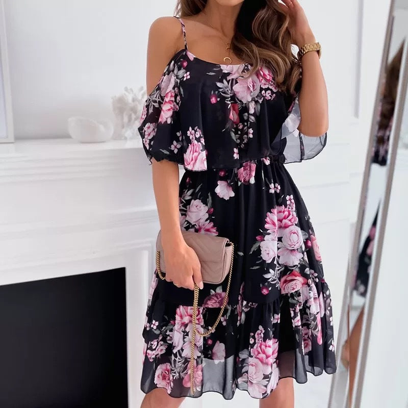 Women's Floral Print Ruffle Dress | Off-Shoulder Summer Midi