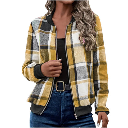 Women's Plaid Zip-Up Baseball Jacket – 8 Colours, Sizes S–XXL