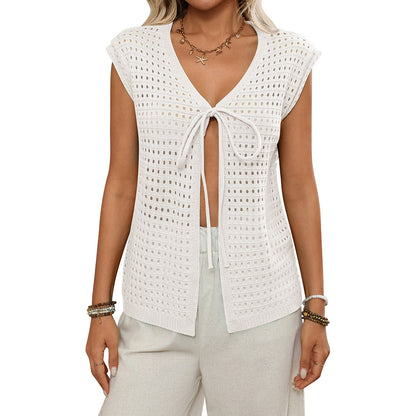 Women's Hollow-Out Short-Sleeve Knitted Cardigan | Lightweight Acrylic Sweater Top