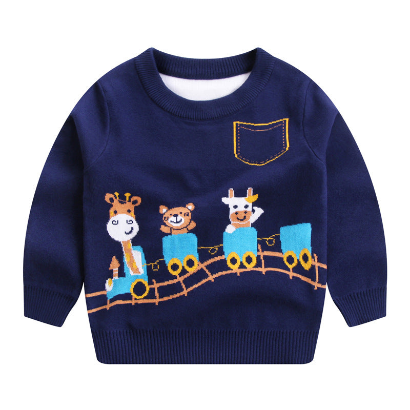 Boys Fawn Cartoon Double-Layer Cotton Knit Sweater | Kids Knitwear