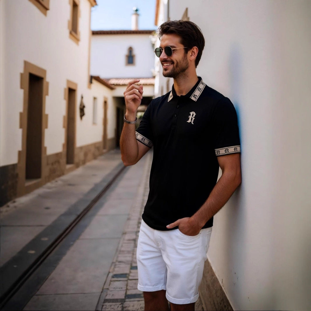 Men's Embroidered Polo Shirt – Slim Fit Lapel Top | Black | Sizes S–2XL
