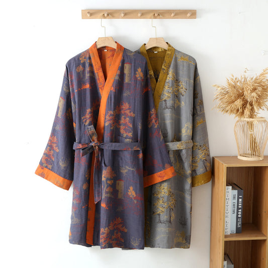 Pure Cotton Jacquard Nightgown with Belt | Oriental Style Robe