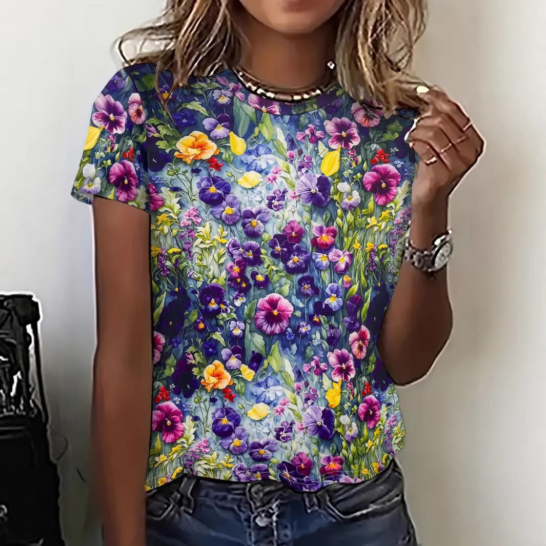 Women's Printed Short-Sleeve T-Shirt | Casual Straight-Fit Milk Silk Polyester Tee