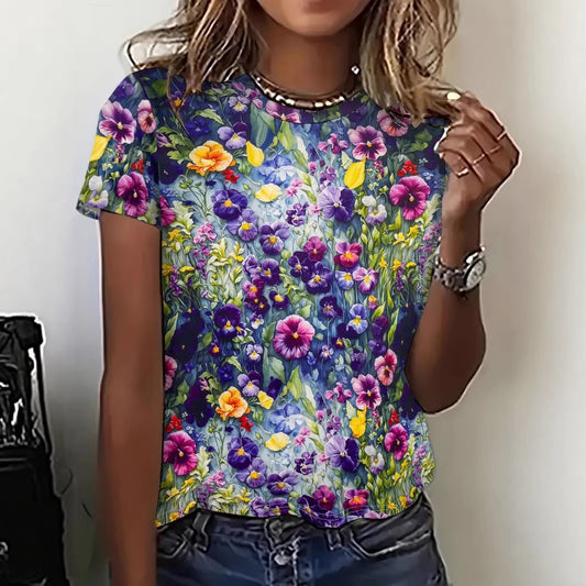 Women's Printed Short-Sleeve T-Shirt | Casual Straight-Fit Milk Silk Polyester Tee